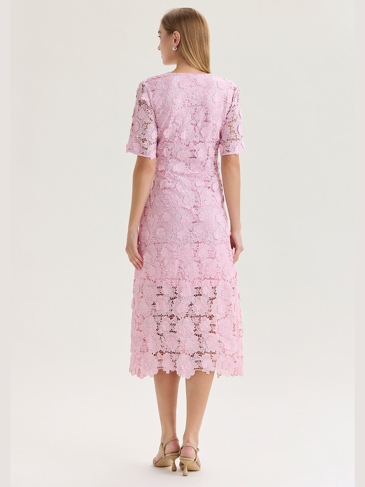 Lined Floral Lace Applique Woven Midi Dress