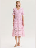 Lined Floral Lace Applique Woven Midi Dress
