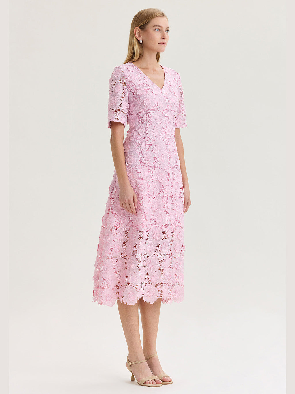Lined Floral Lace Applique Woven Midi Dress