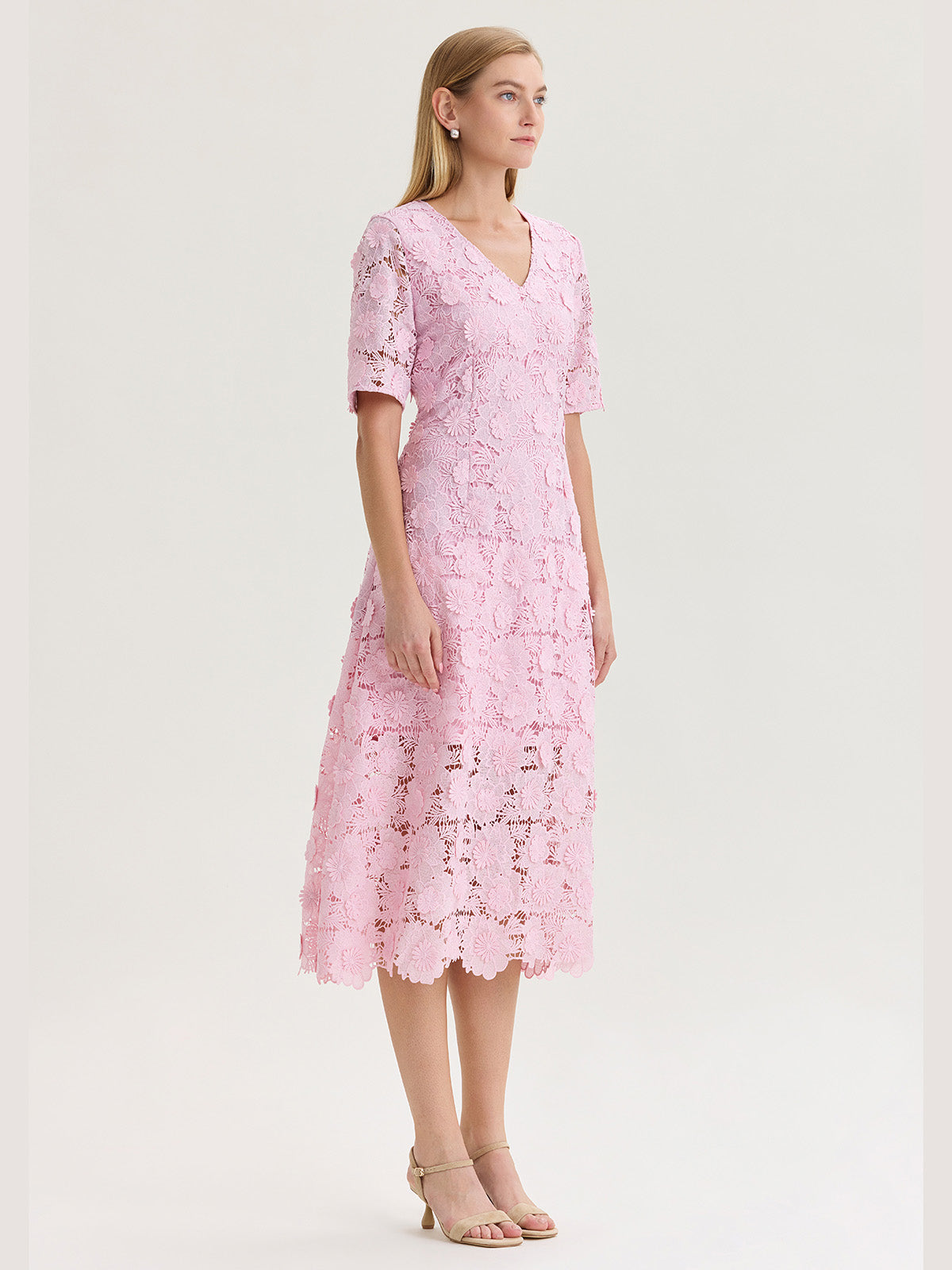 Lined Floral Lace Applique Woven Midi Dress