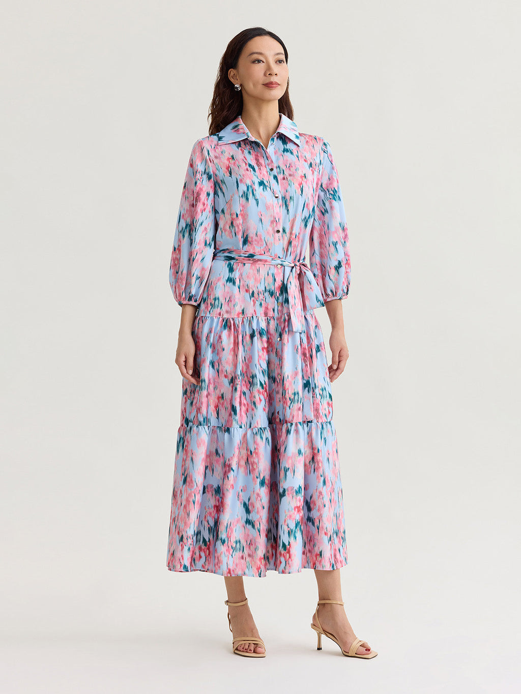 Printed Floral Crepe de Chine Tiered Maxi Dress