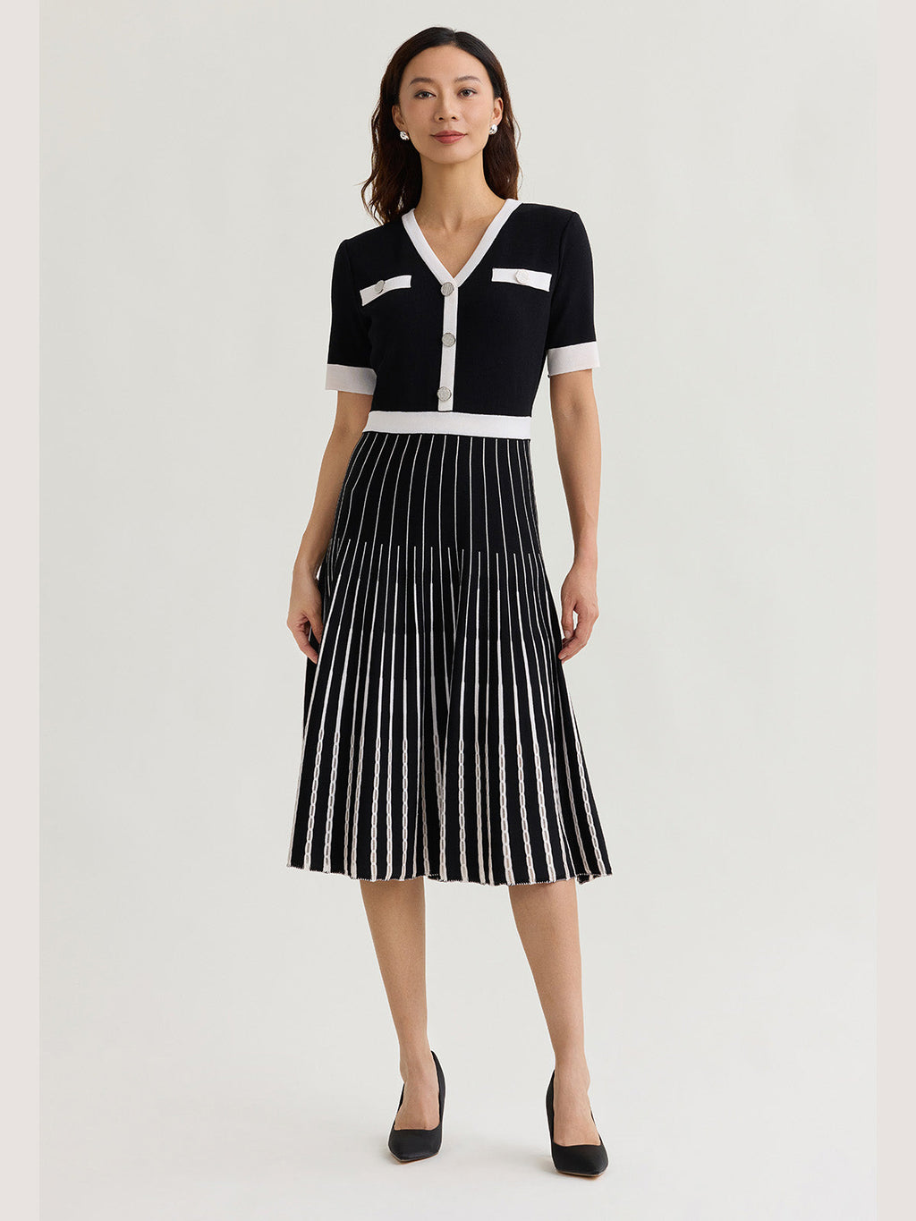 Fit & Flare Two-Tone Soft Knit Midi Dress