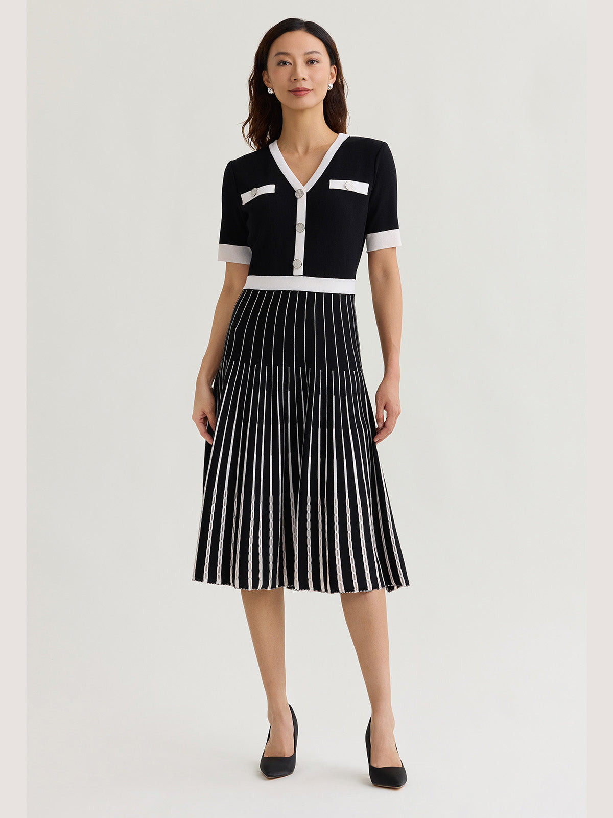 Fit & Flare Two-Tone Soft Knit Midi Dress