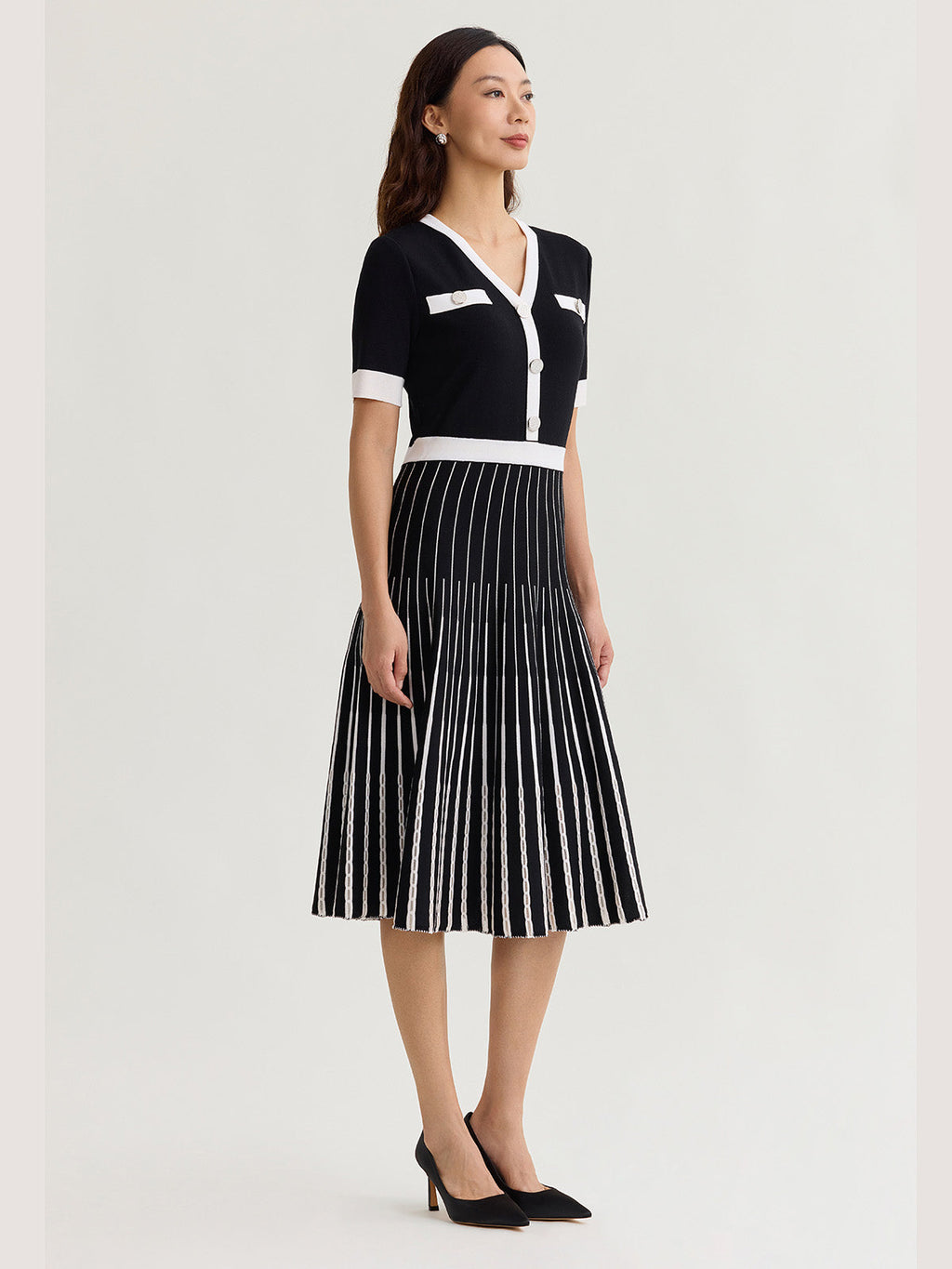 Fit & Flare Two-Tone Soft Knit Midi Dress