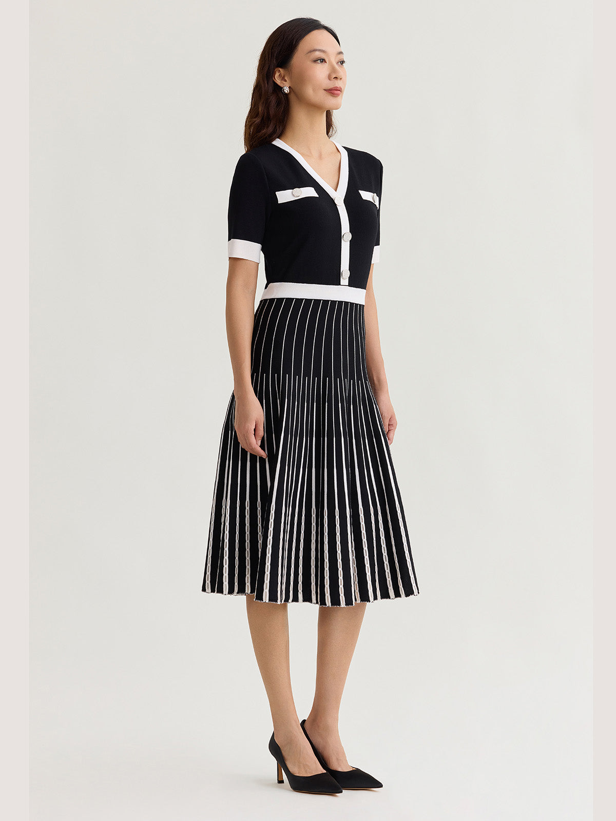 Fit & Flare Two-Tone Soft Knit Midi Dress
