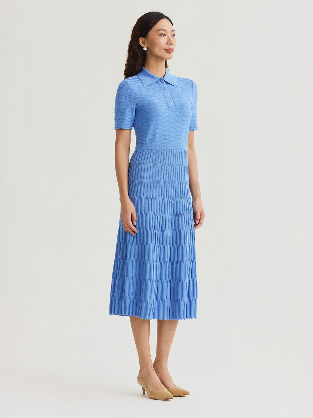 Fit & Flare Geometric Collared Soft Knit Maxi Dress