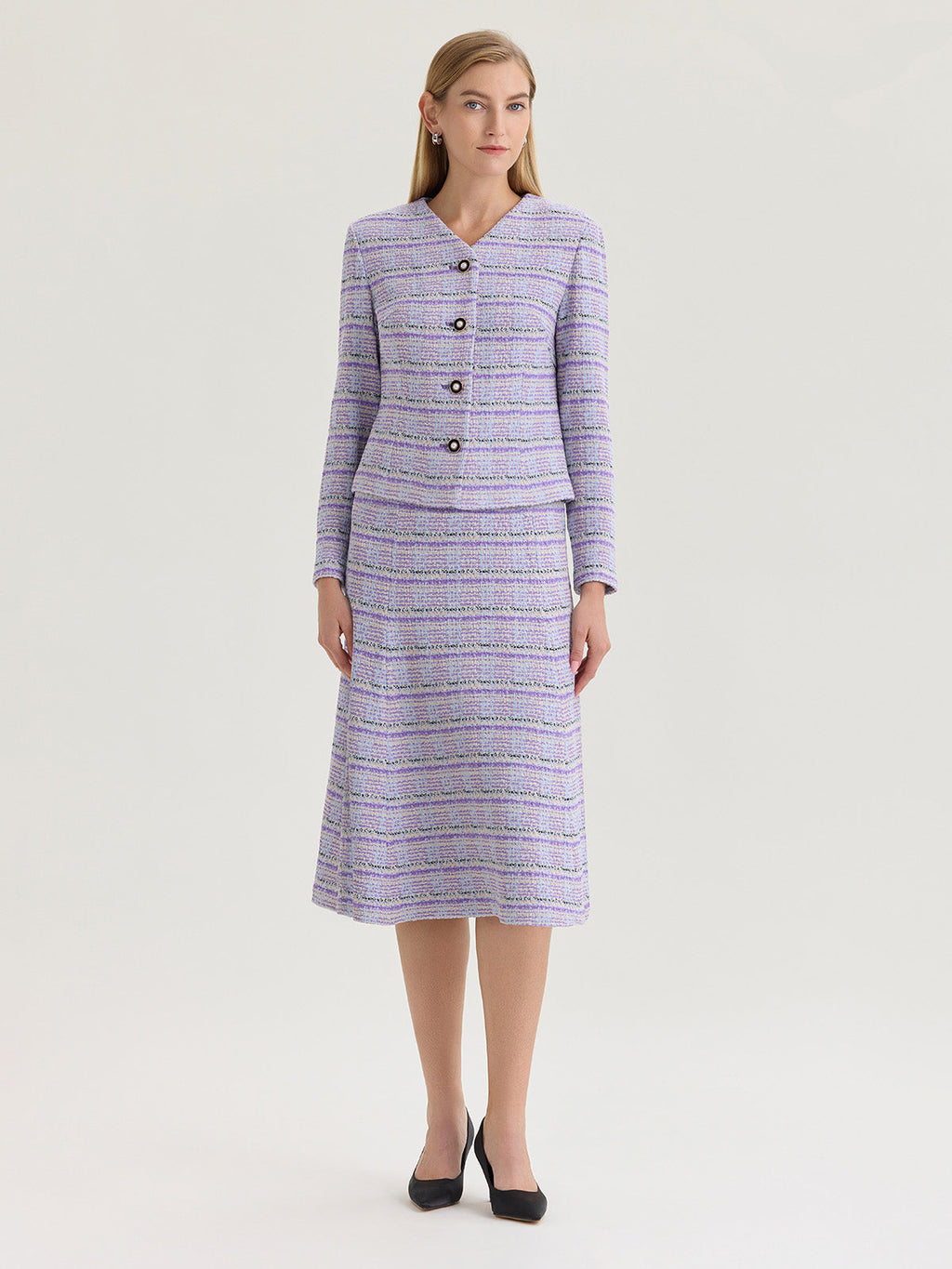 Flared Plaid Tweed Knit Midi Skirt