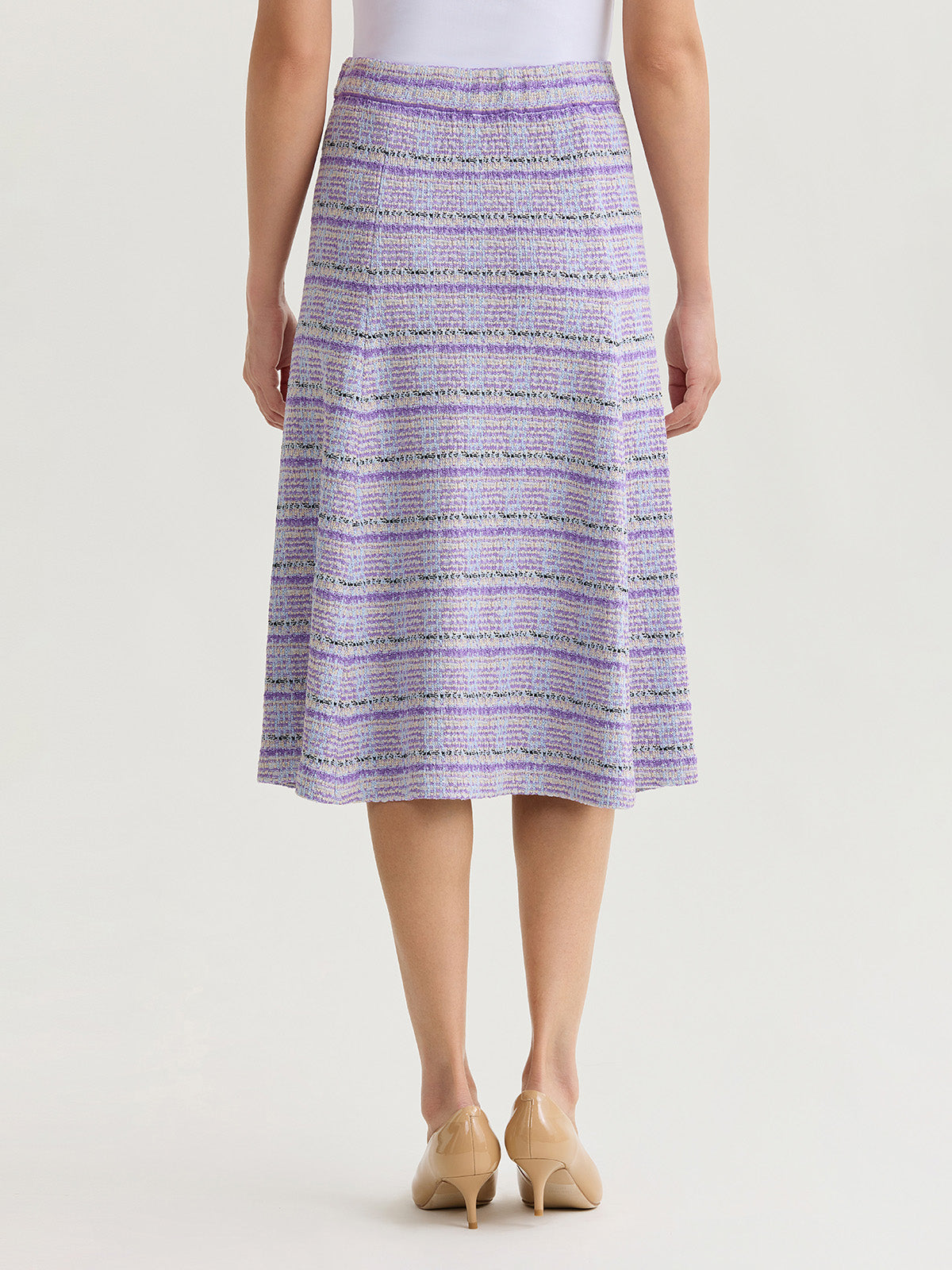 Flared Plaid Tweed Knit Midi Skirt