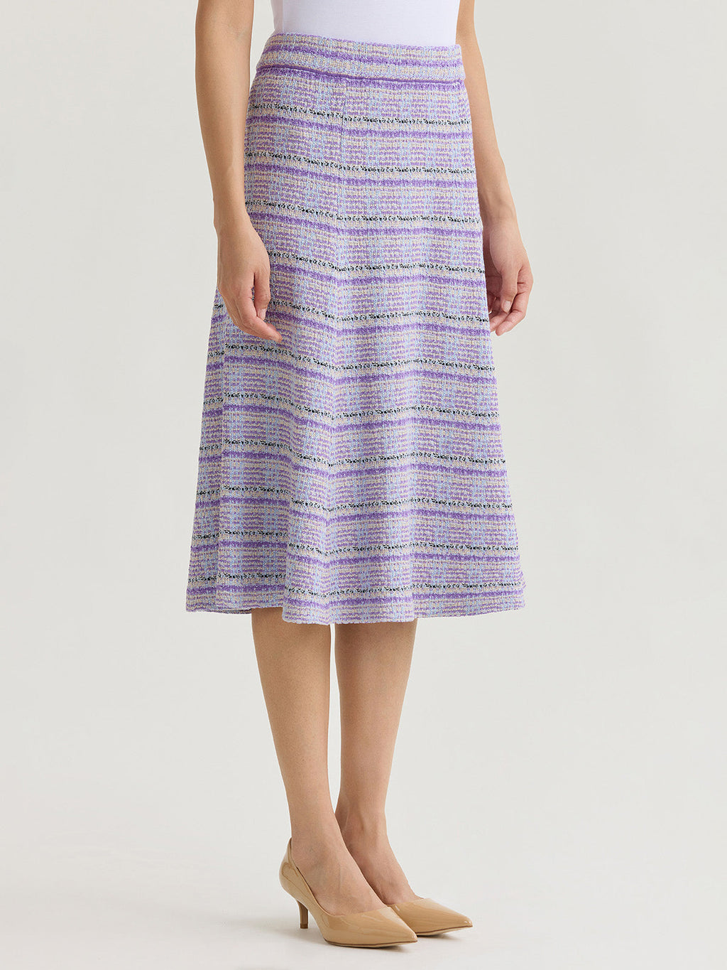 Flared Plaid Tweed Knit Midi Skirt