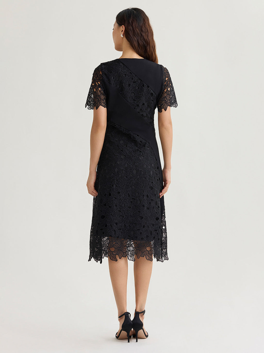 Fit & Flare Lined Laced Mixed Media Midi Dress