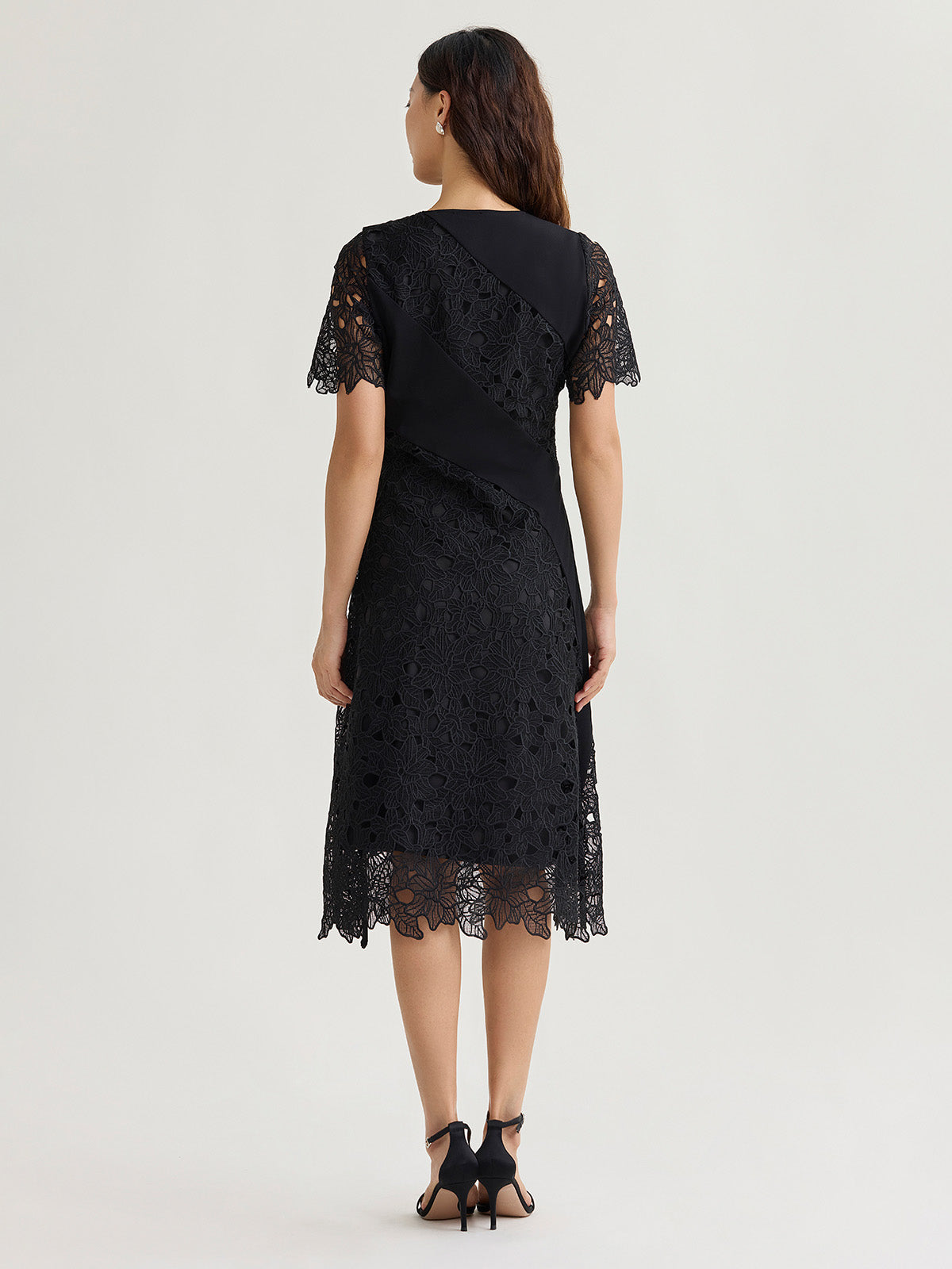 Fit & Flare Lined Laced Mixed Media Midi Dress