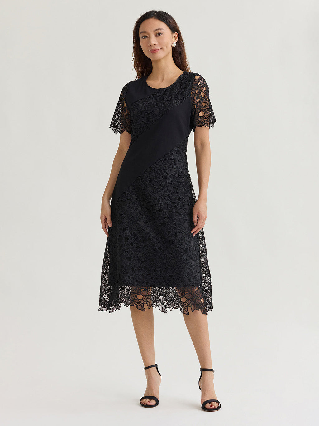 Fit & Flare Lined Laced Mixed Media Midi Dress