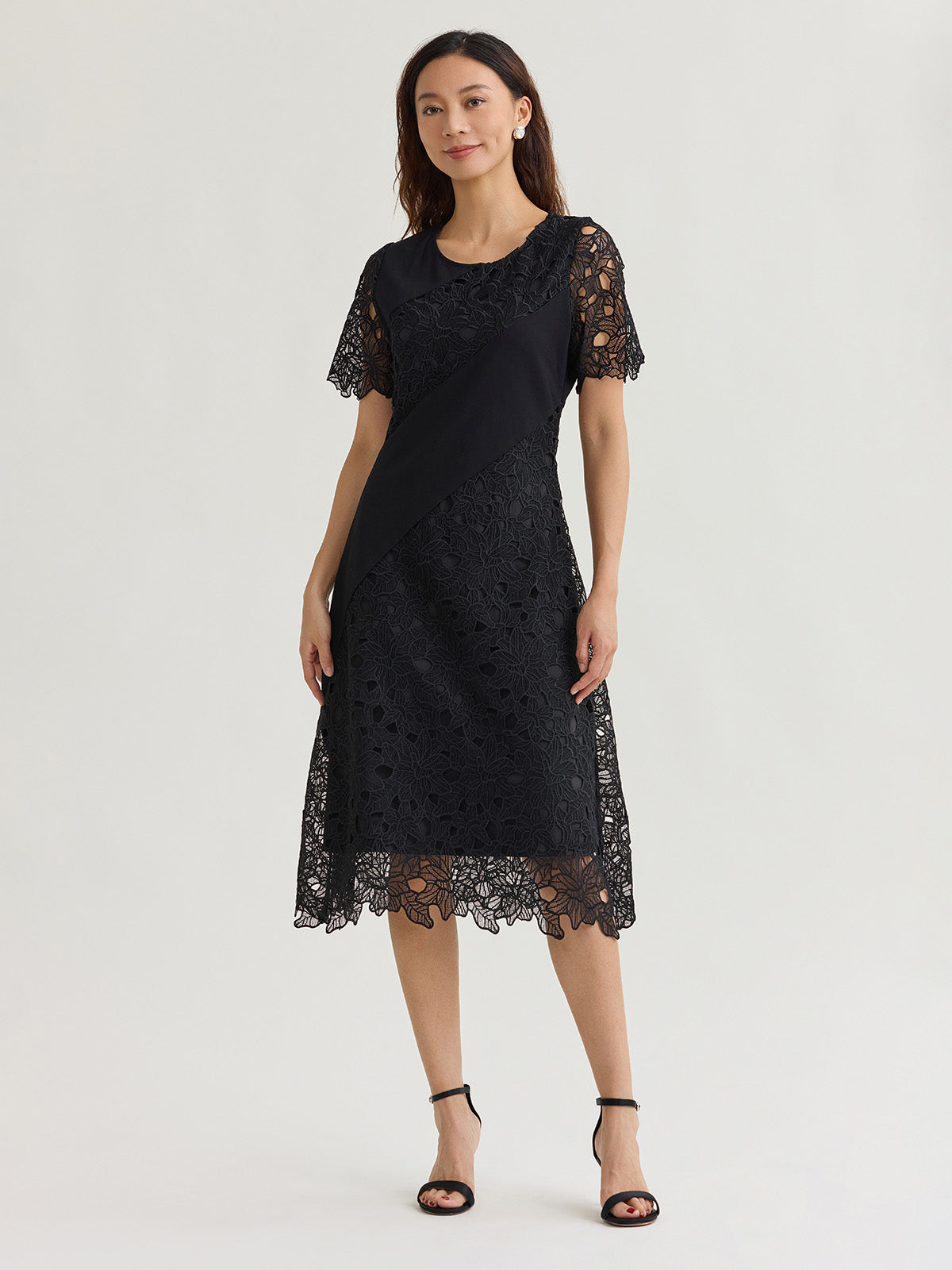 Fit & Flare Lined Laced Mixed Media Midi Dress