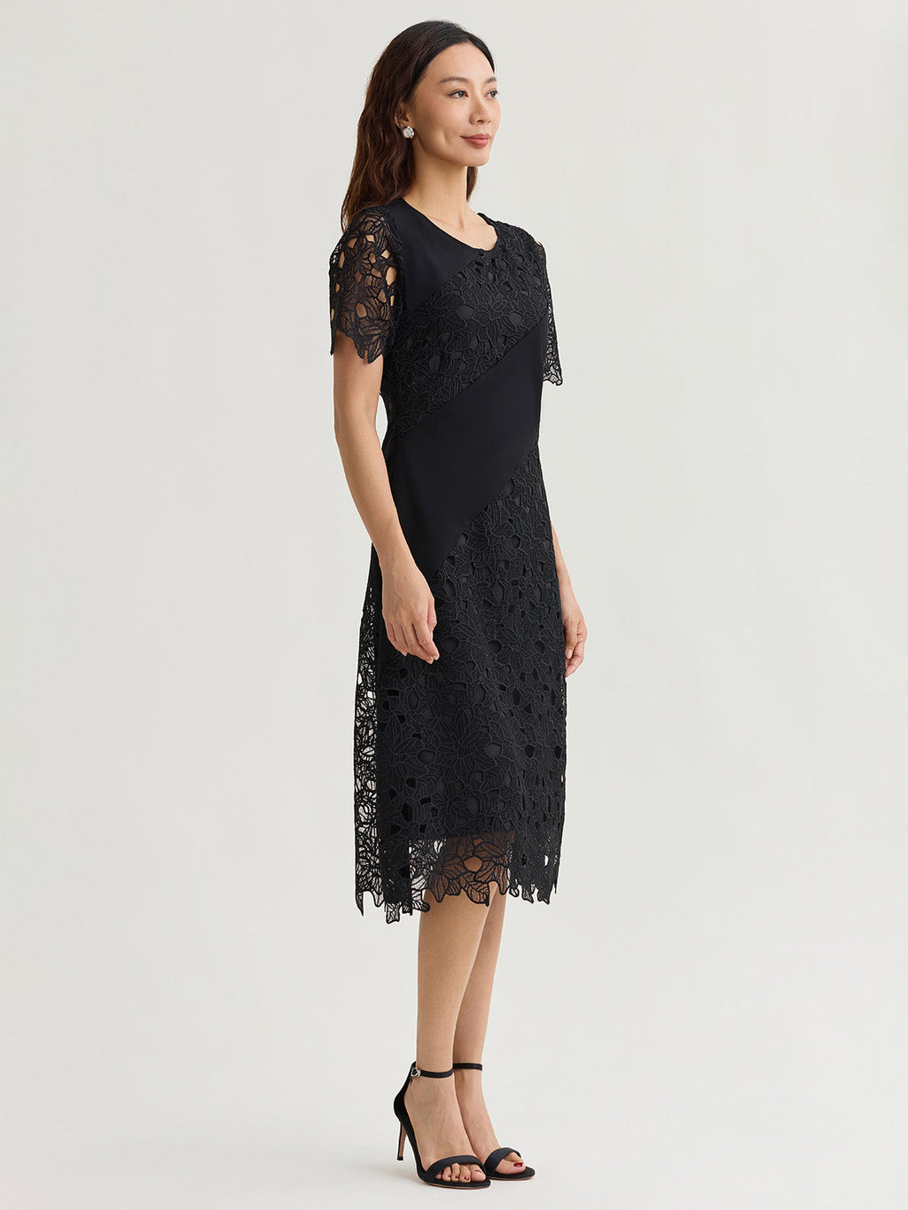 Fit & Flare Lined Laced Mixed Media Midi Dress