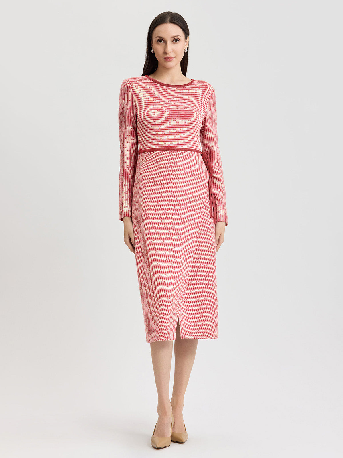 Faux Wrap Contrast Trim Soft Knit Straight Dress