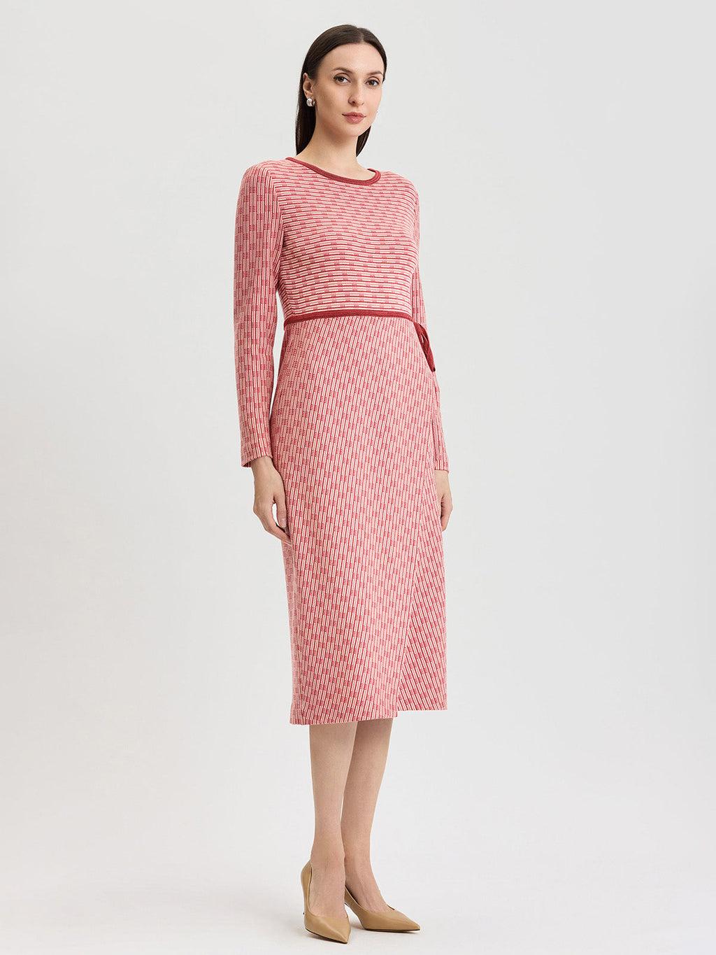 Faux Wrap Contrast Trim Soft Knit Straight Dress