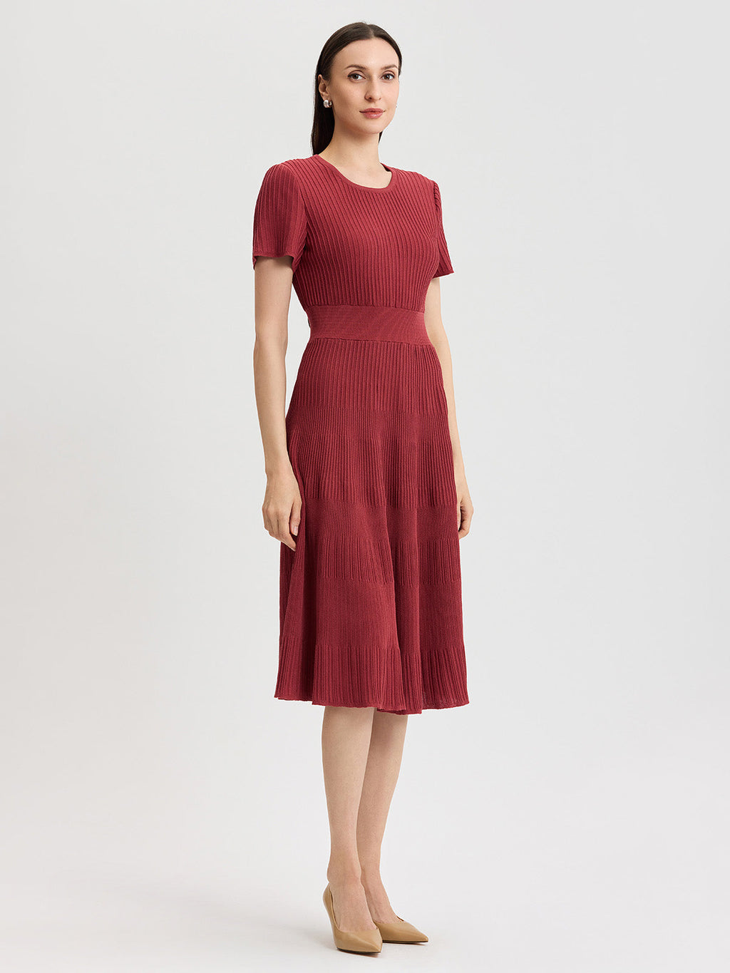 Fit & Flare Tonal Ribbed Soft Knit Midi Dress