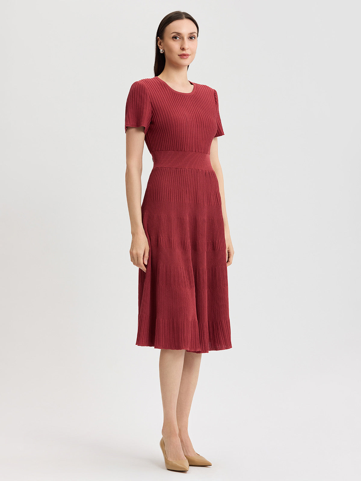 Fit & Flare Tonal Ribbed Soft Knit Midi Dress