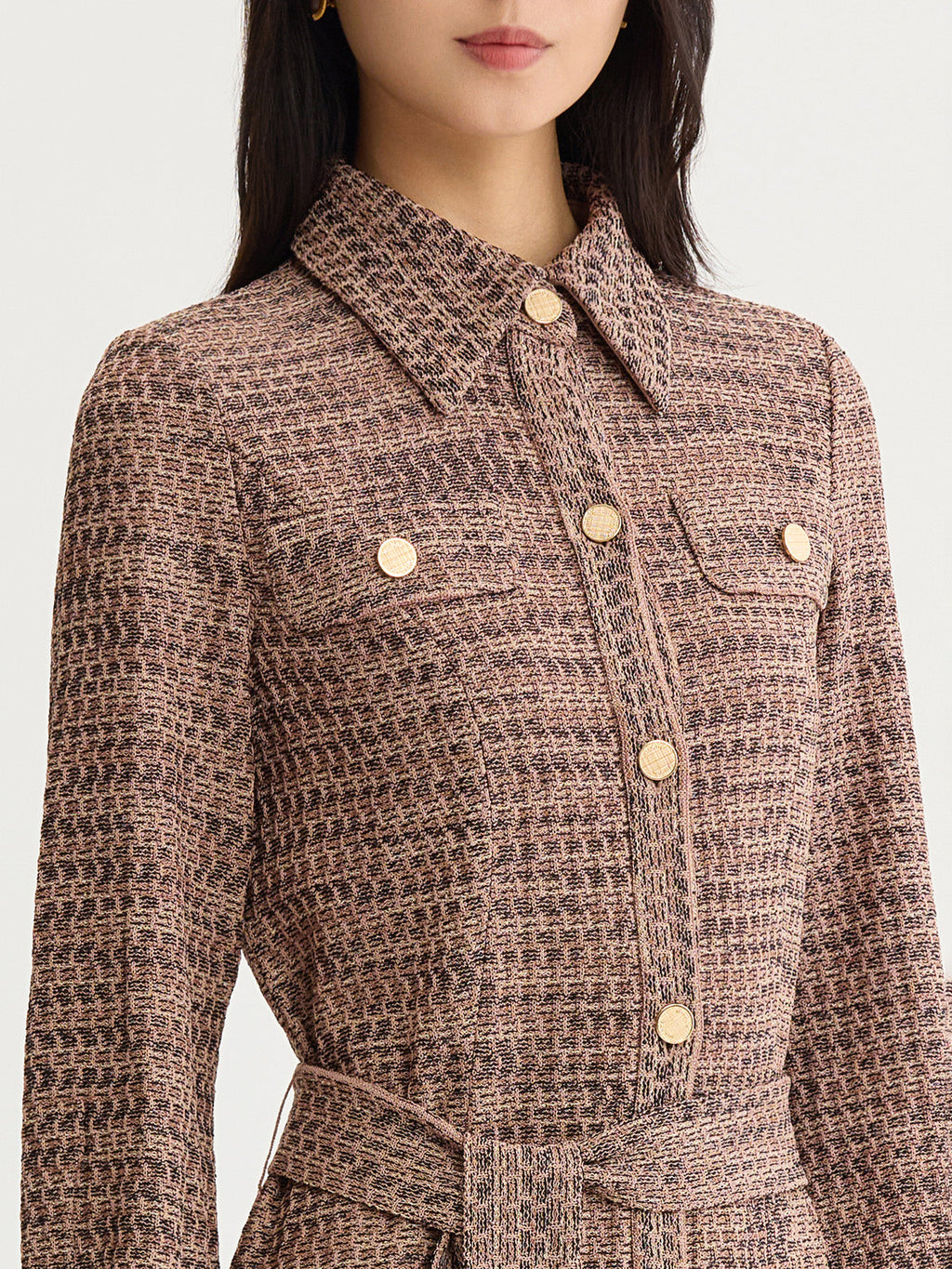 Belted Button Front Tweed Knit Midi Dress