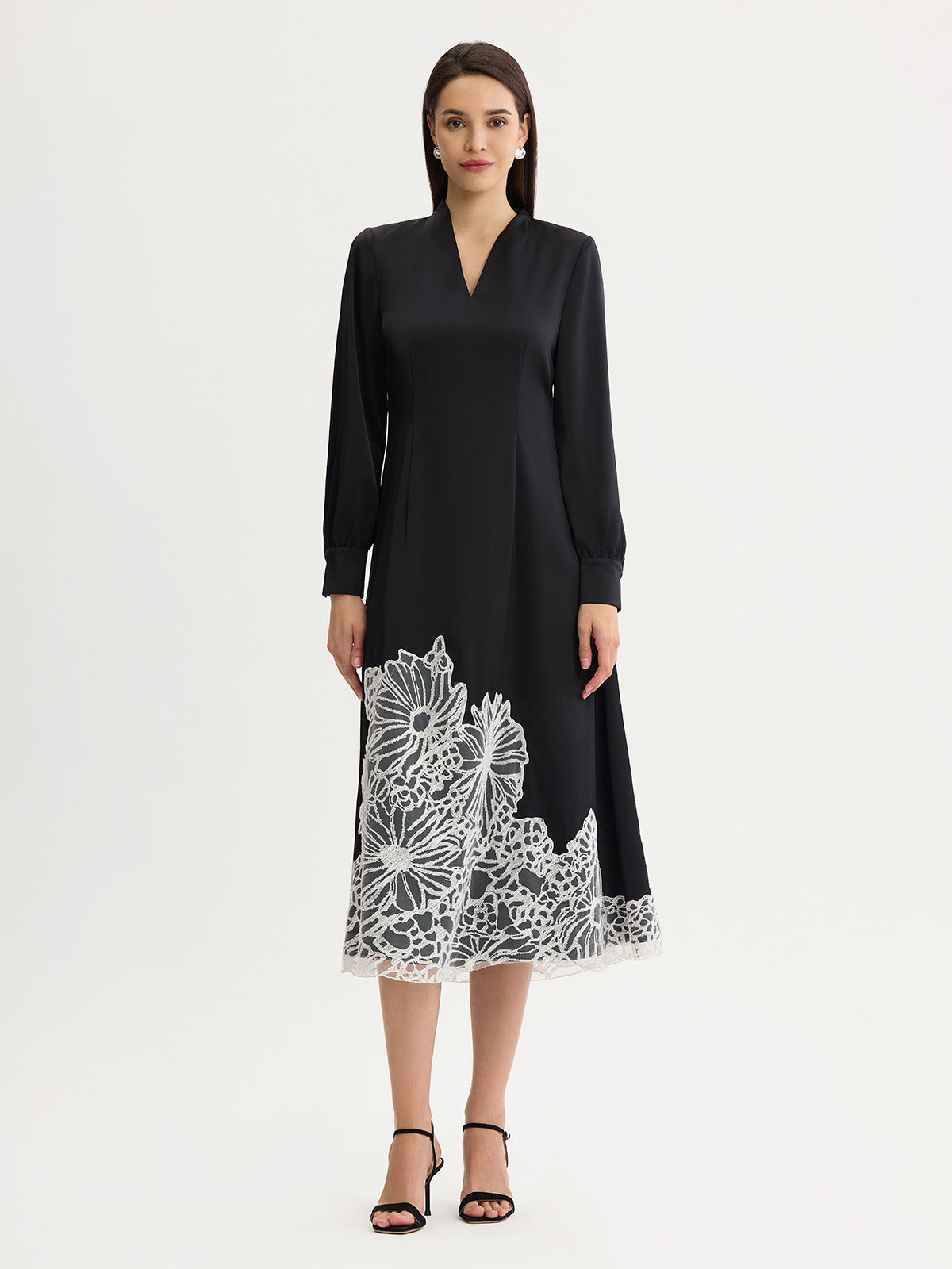 Fit & Flare Lace Crepe de Chine Maxi Dress
