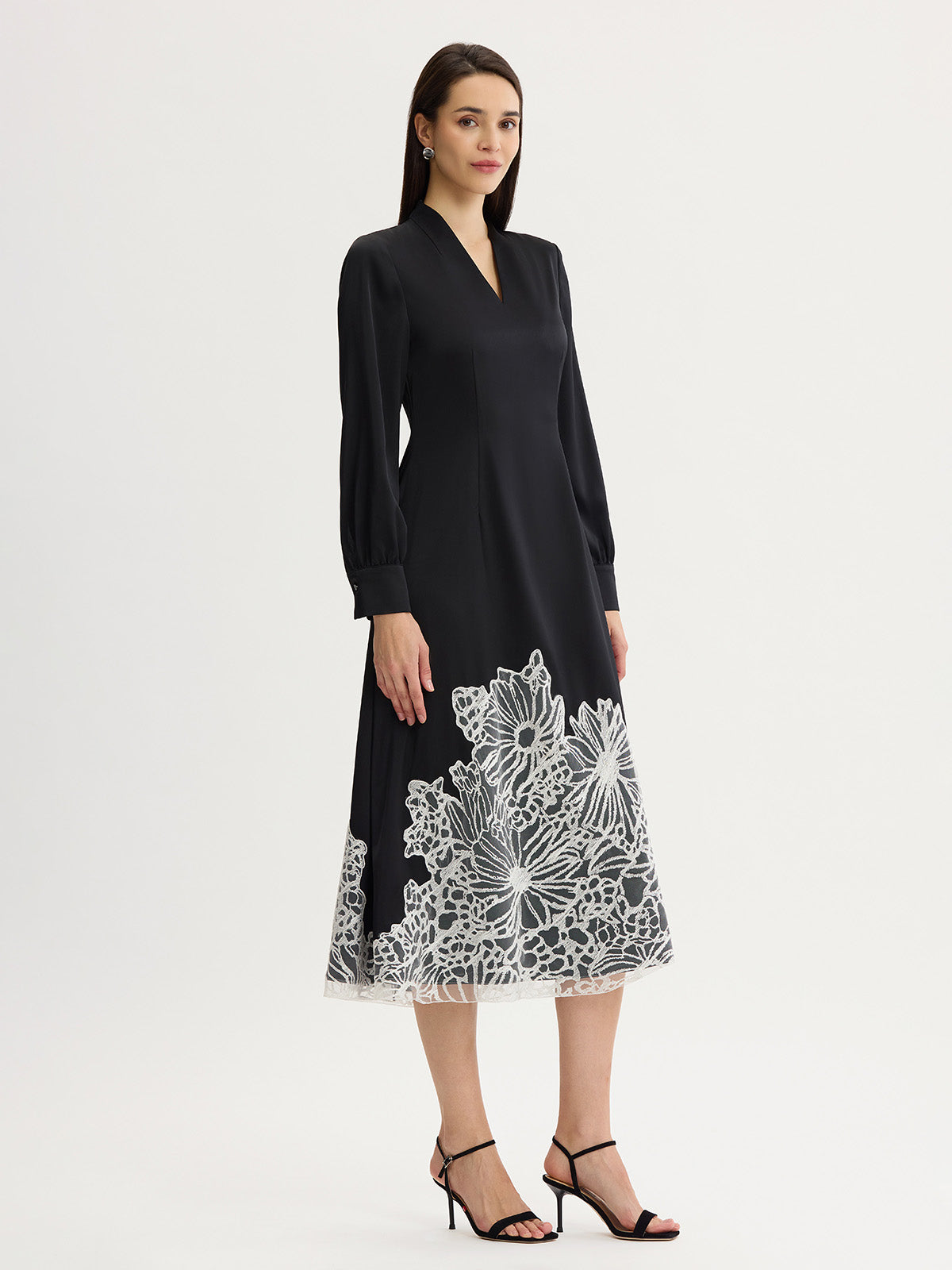 Fit & Flare Lace Crepe de Chine Maxi Dress