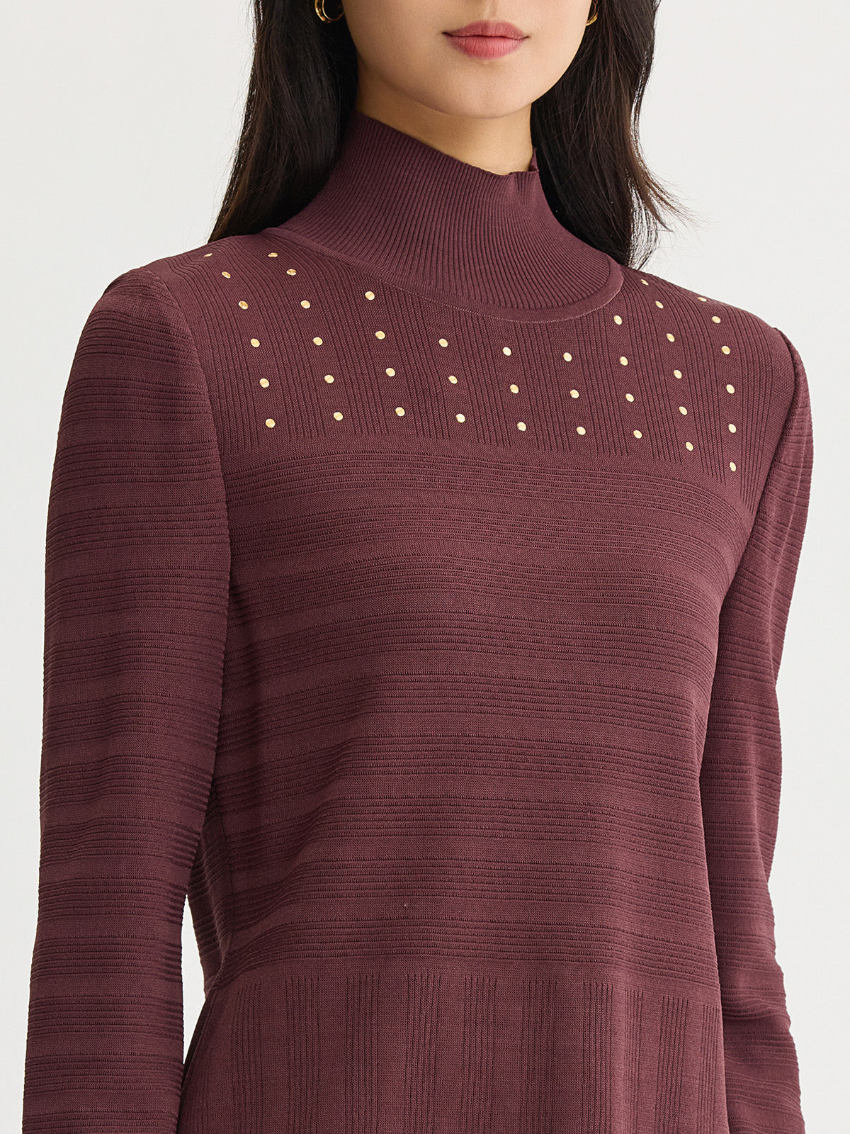 Studded Mock Neck Ribbed Knit Top