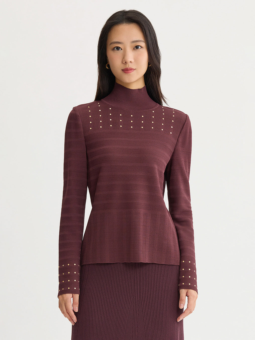 Studded Mock Neck Ribbed Knit Top