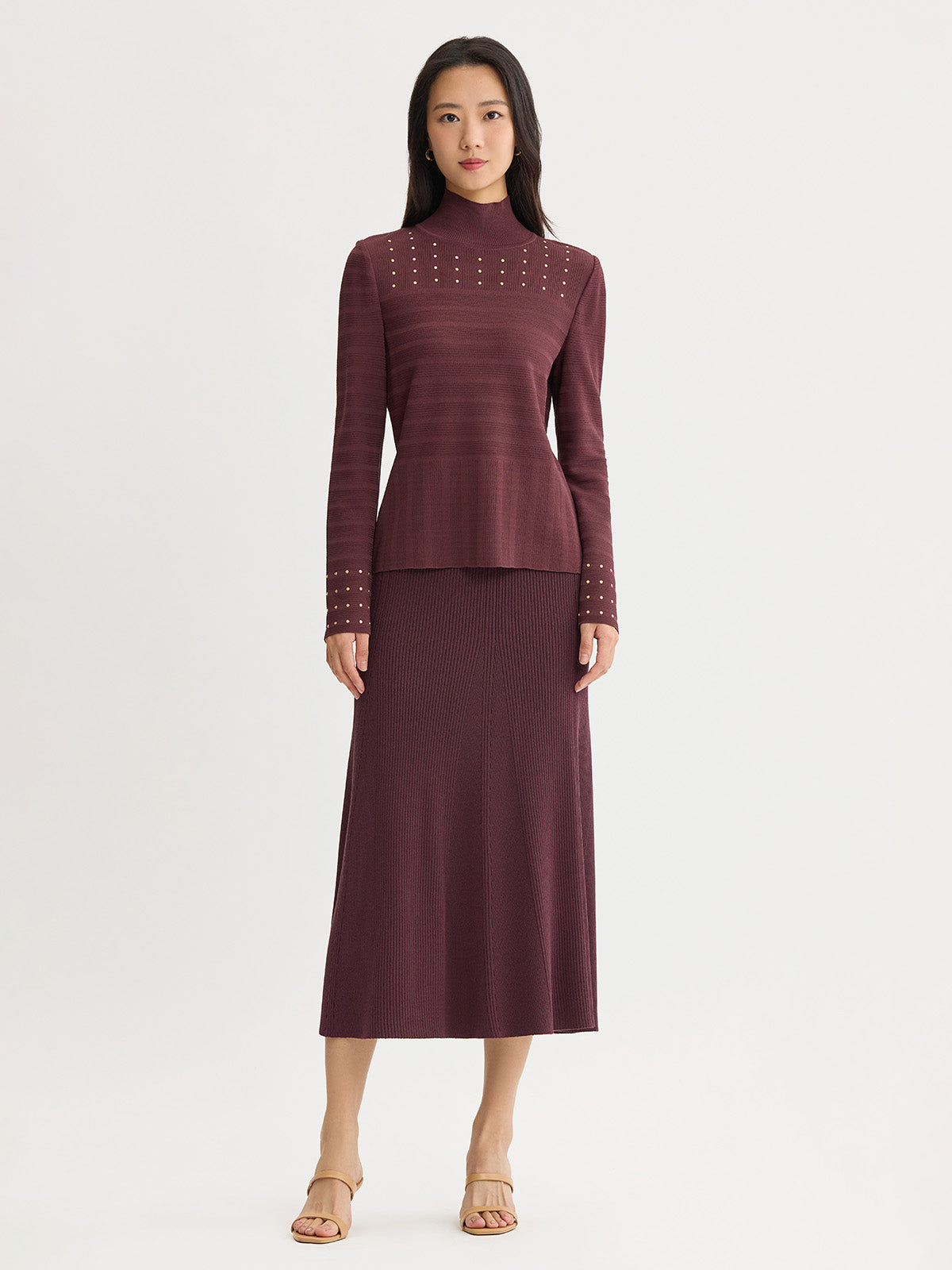 Studded Mock Neck Ribbed Knit Top