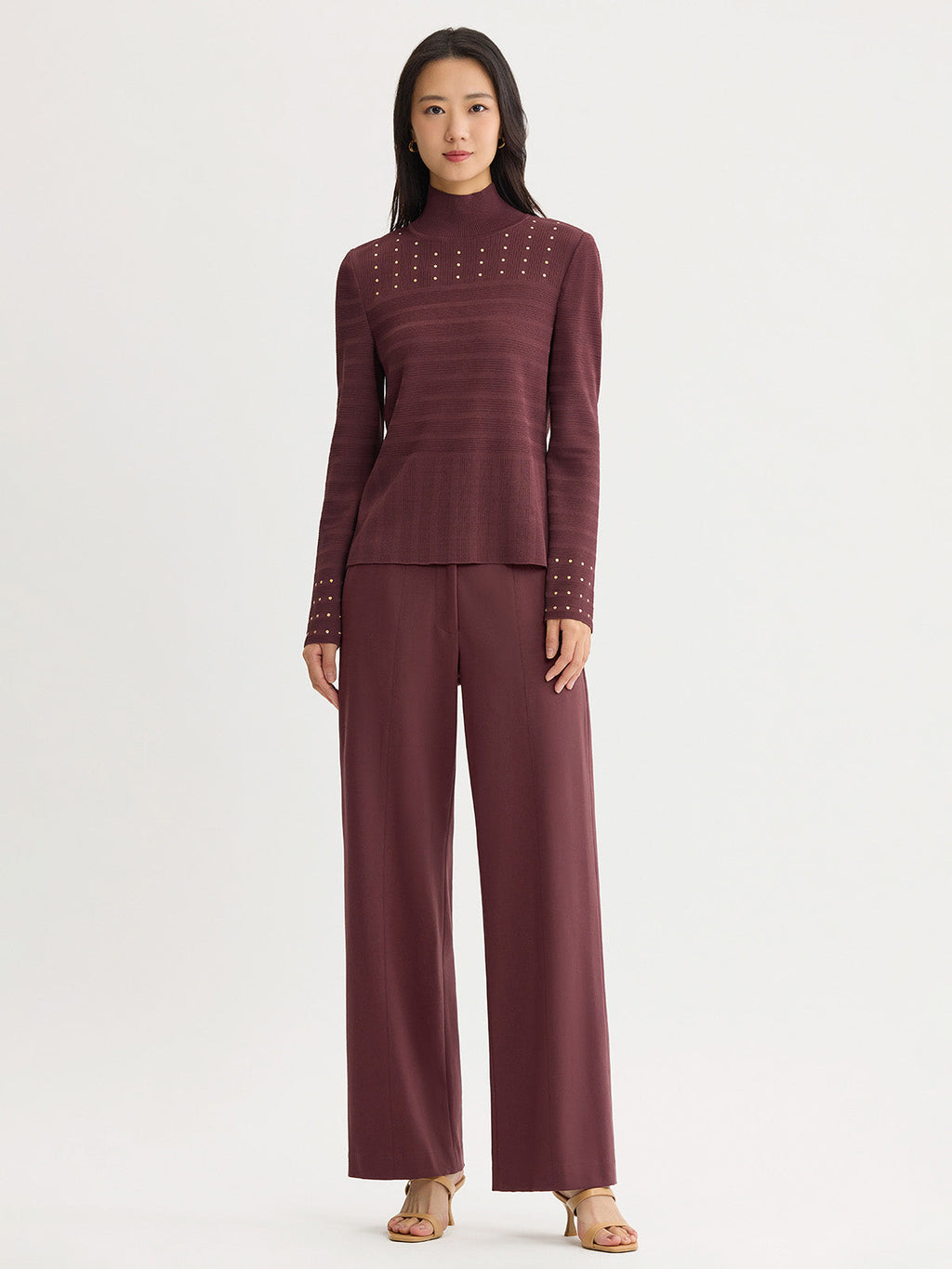 Studded Mock Neck Ribbed Knit Top