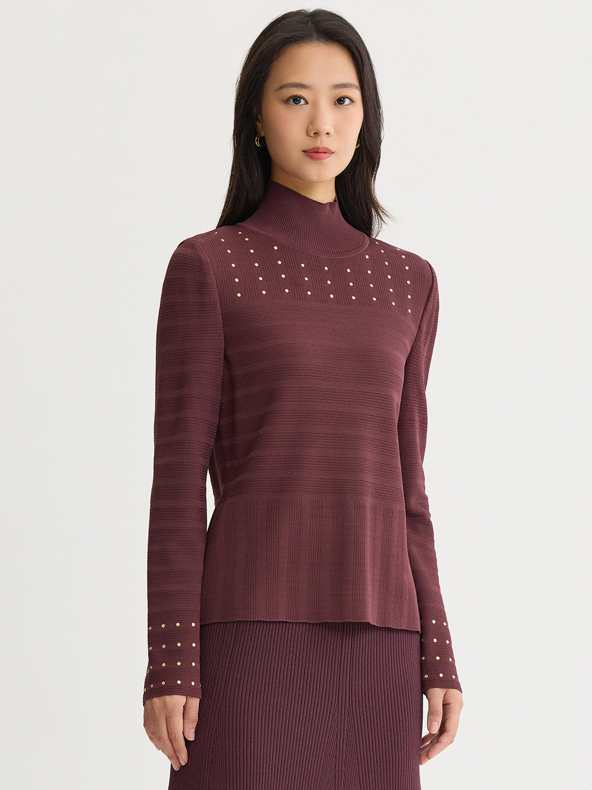 Studded Mock Neck Ribbed Knit Top