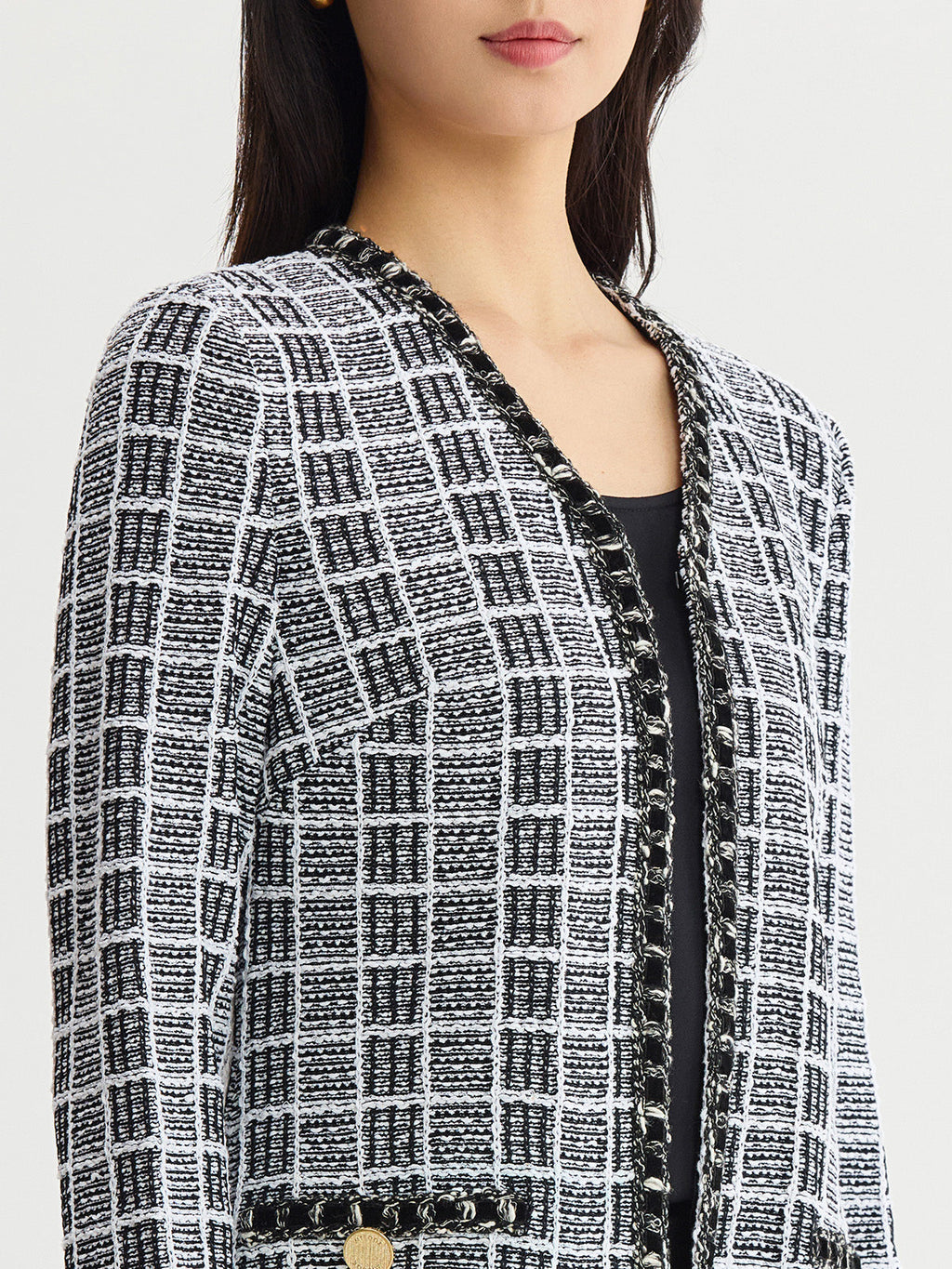 Heritage Velvet Ribbon Trim Plaid Knit Jacket