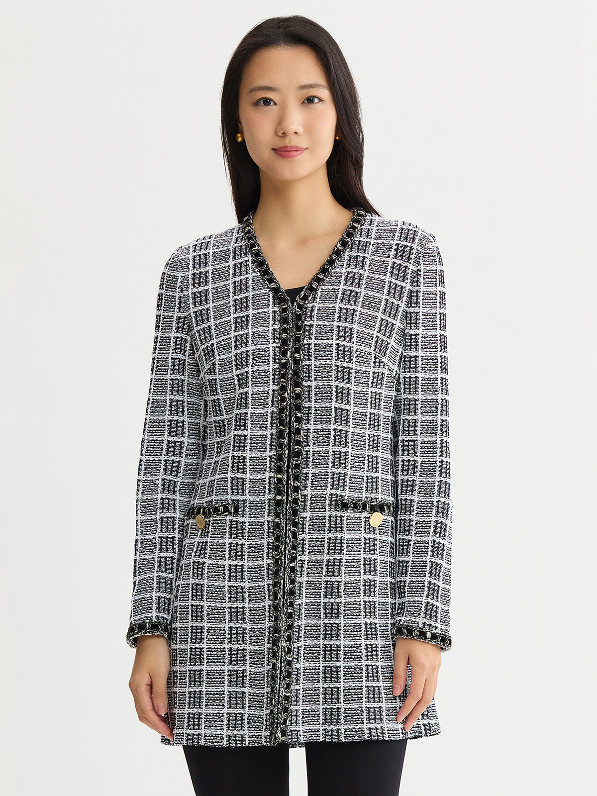 Heritage Velvet Ribbon Trim Plaid Knit Jacket