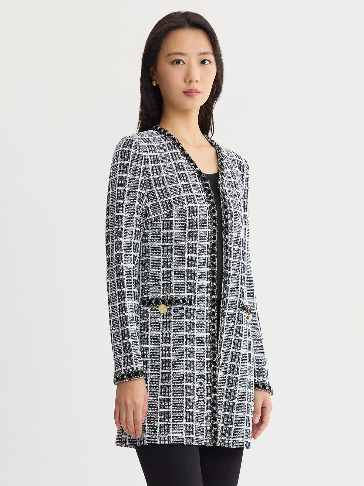 Heritage Velvet Ribbon Trim Plaid Knit Jacket