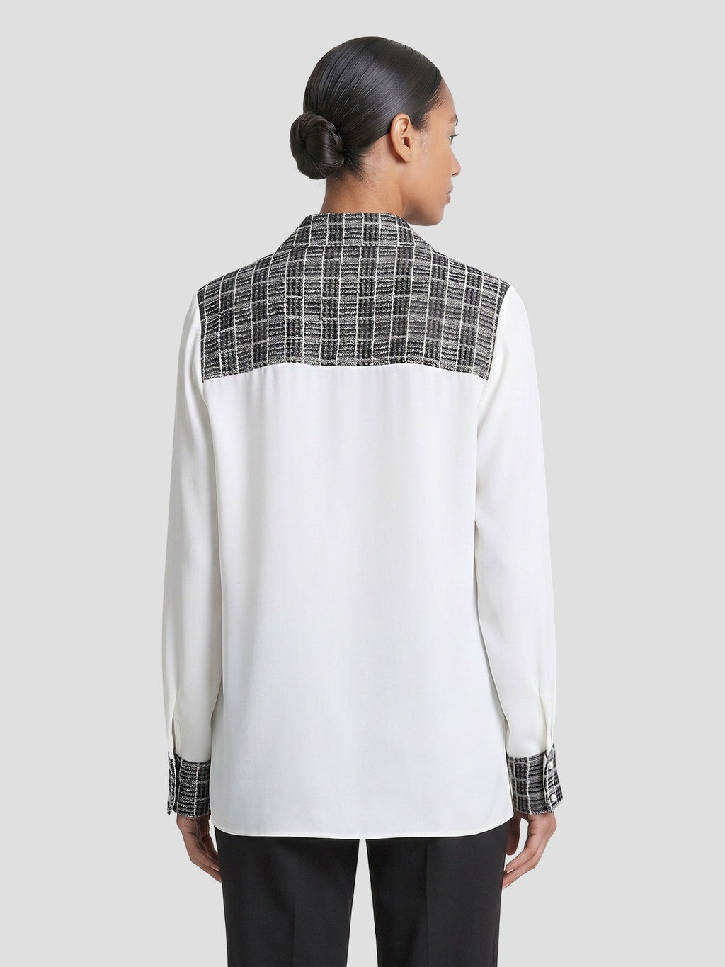 Mixed Media Plaid Crepe de Chine Blouse
