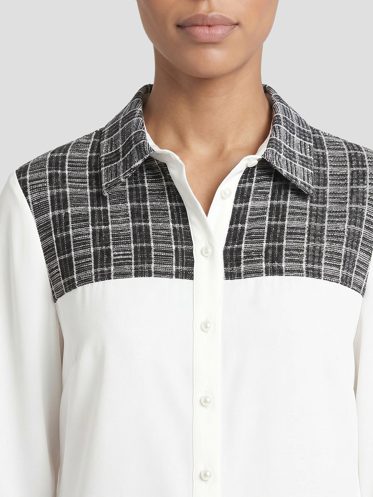 Mixed Media Plaid Crepe de Chine Blouse