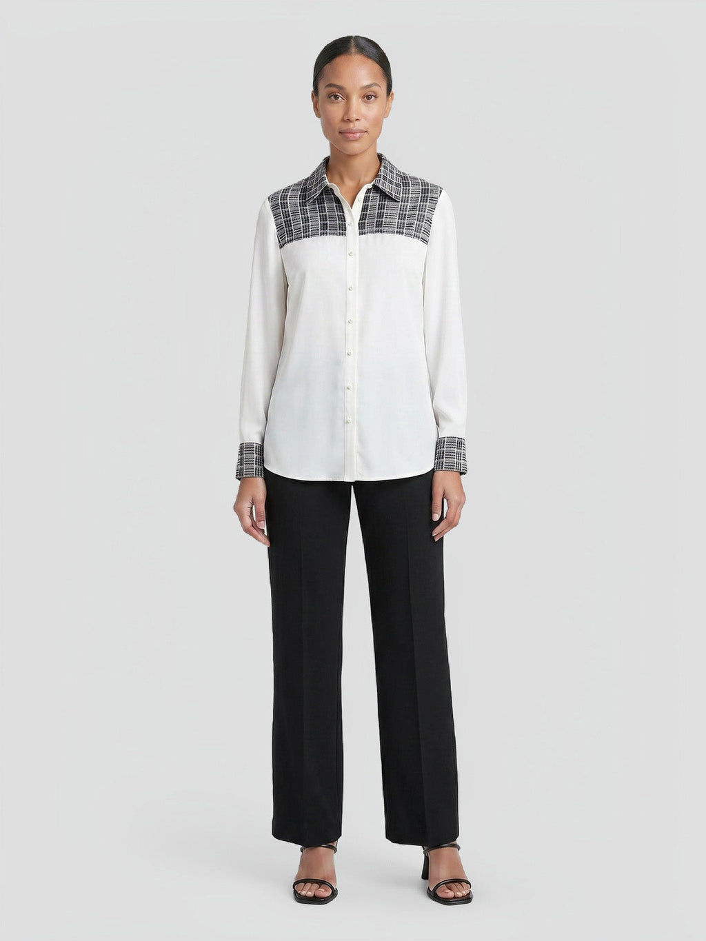 Mixed Media Plaid Crepe de Chine Blouse