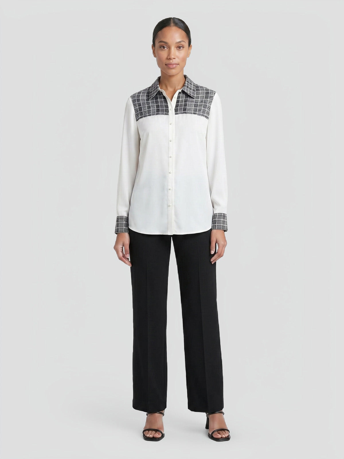 Mixed Media Plaid Crepe de Chine Blouse