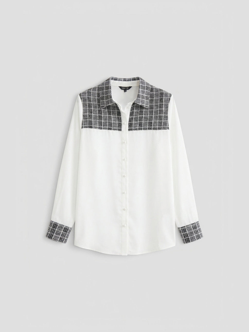 Mixed Media Plaid Crepe de Chine Blouse