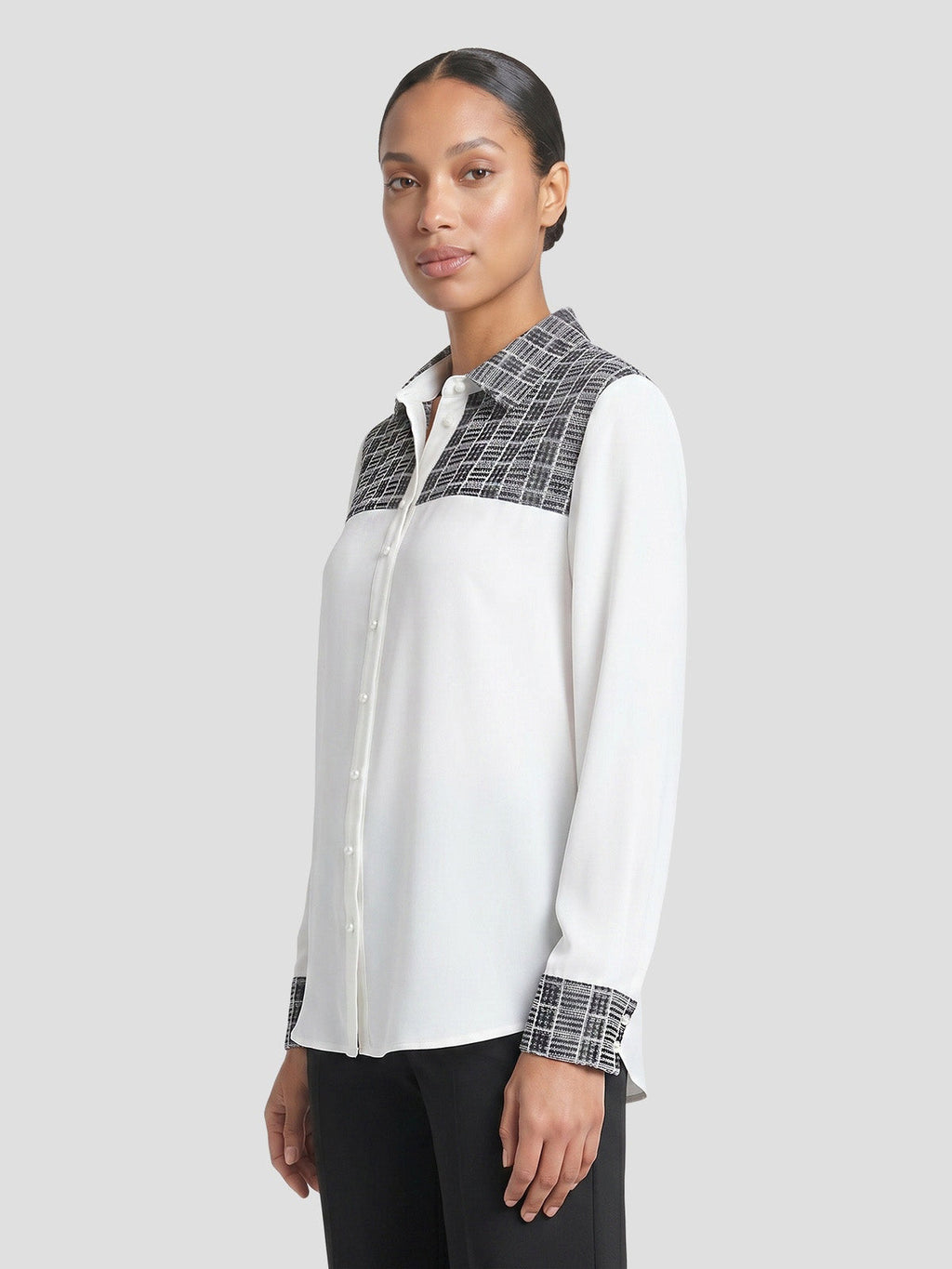 Mixed Media Plaid Crepe de Chine Blouse