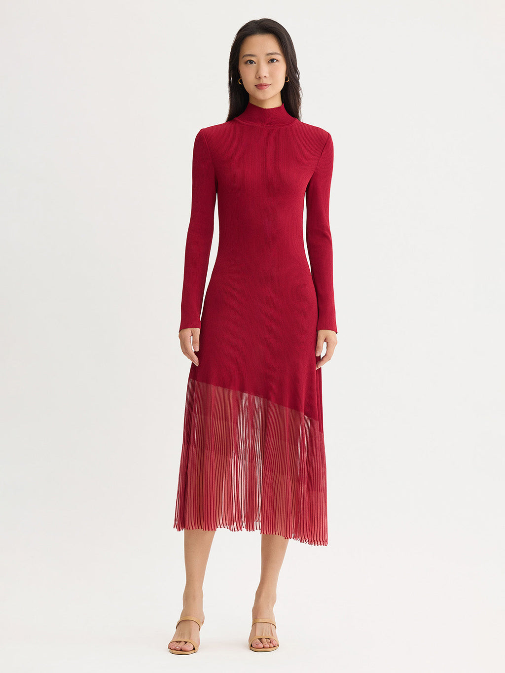 A-Line Sheer Hem Ribbed Knit Maxi Dress