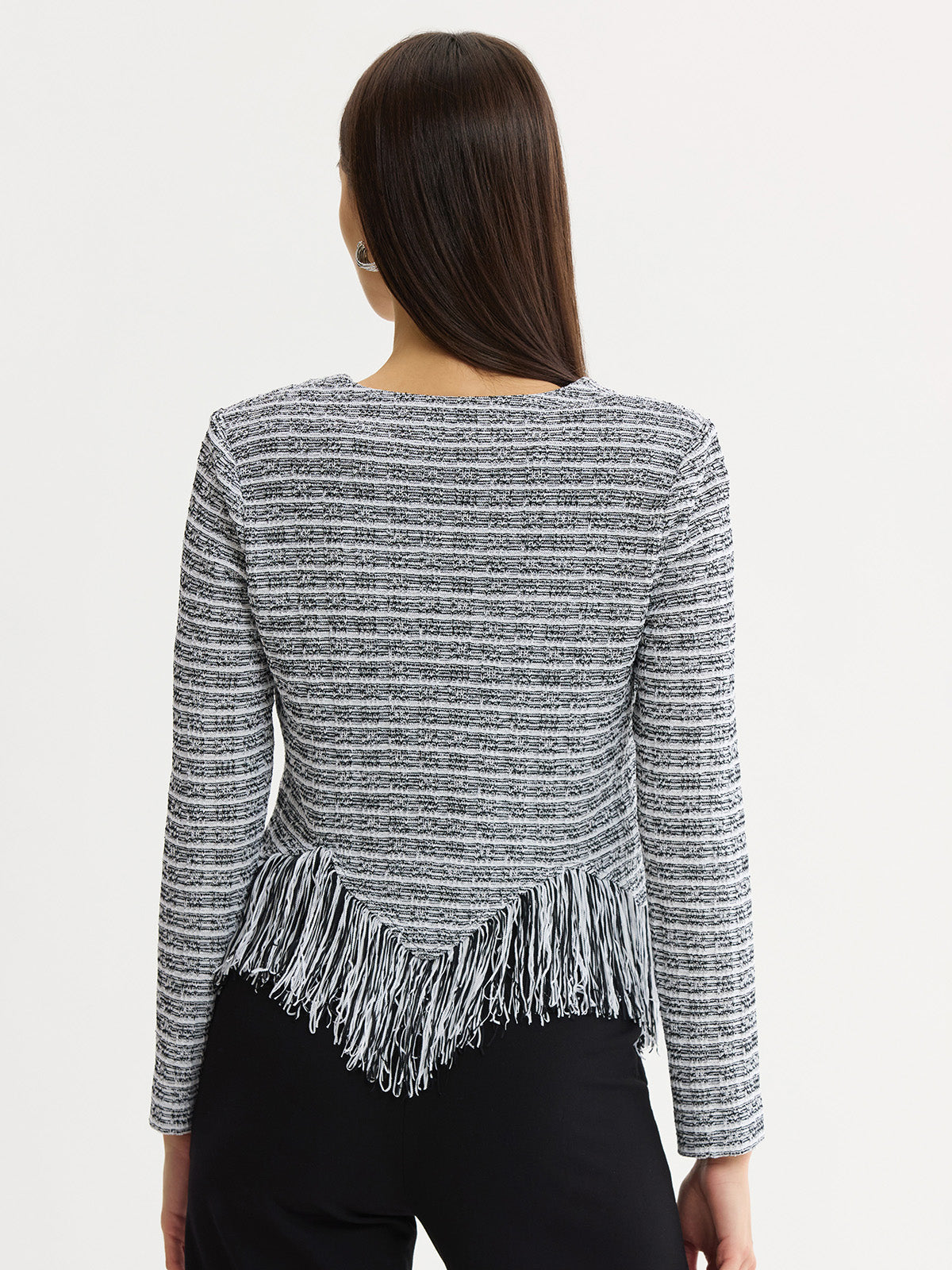 Heritage Chevron Fringe Trim Tweed Knit Jacket