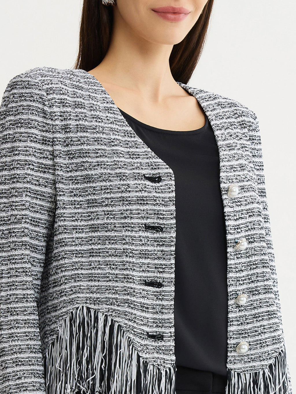 Heritage Chevron Fringe Trim Tweed Knit Jacket