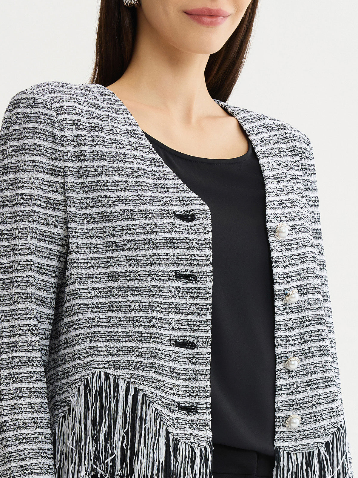 Heritage Chevron Fringe Trim Tweed Knit Jacket