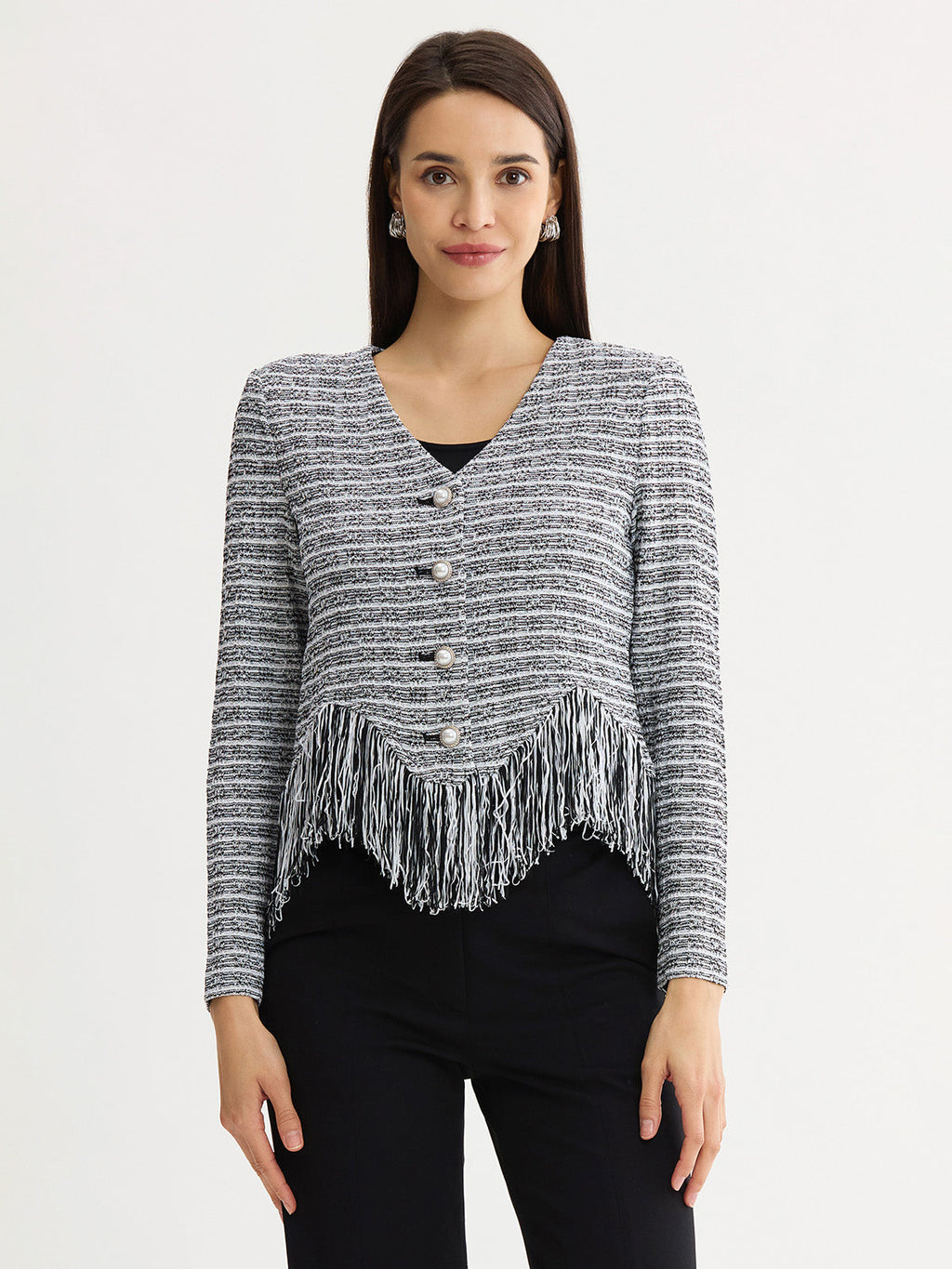 Heritage Chevron Fringe Trim Tweed Knit Jacket