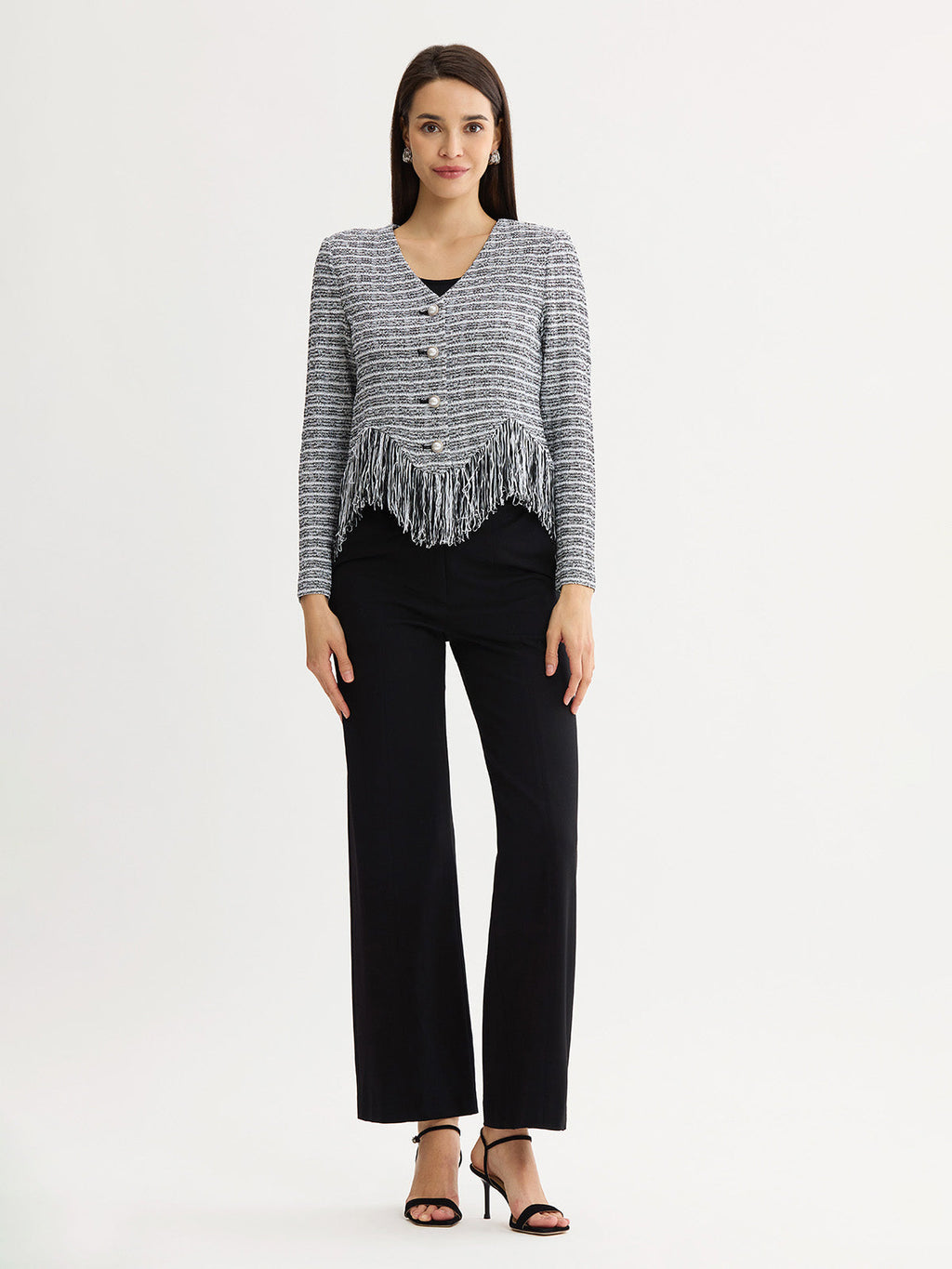 Heritage Chevron Fringe Trim Tweed Knit Jacket