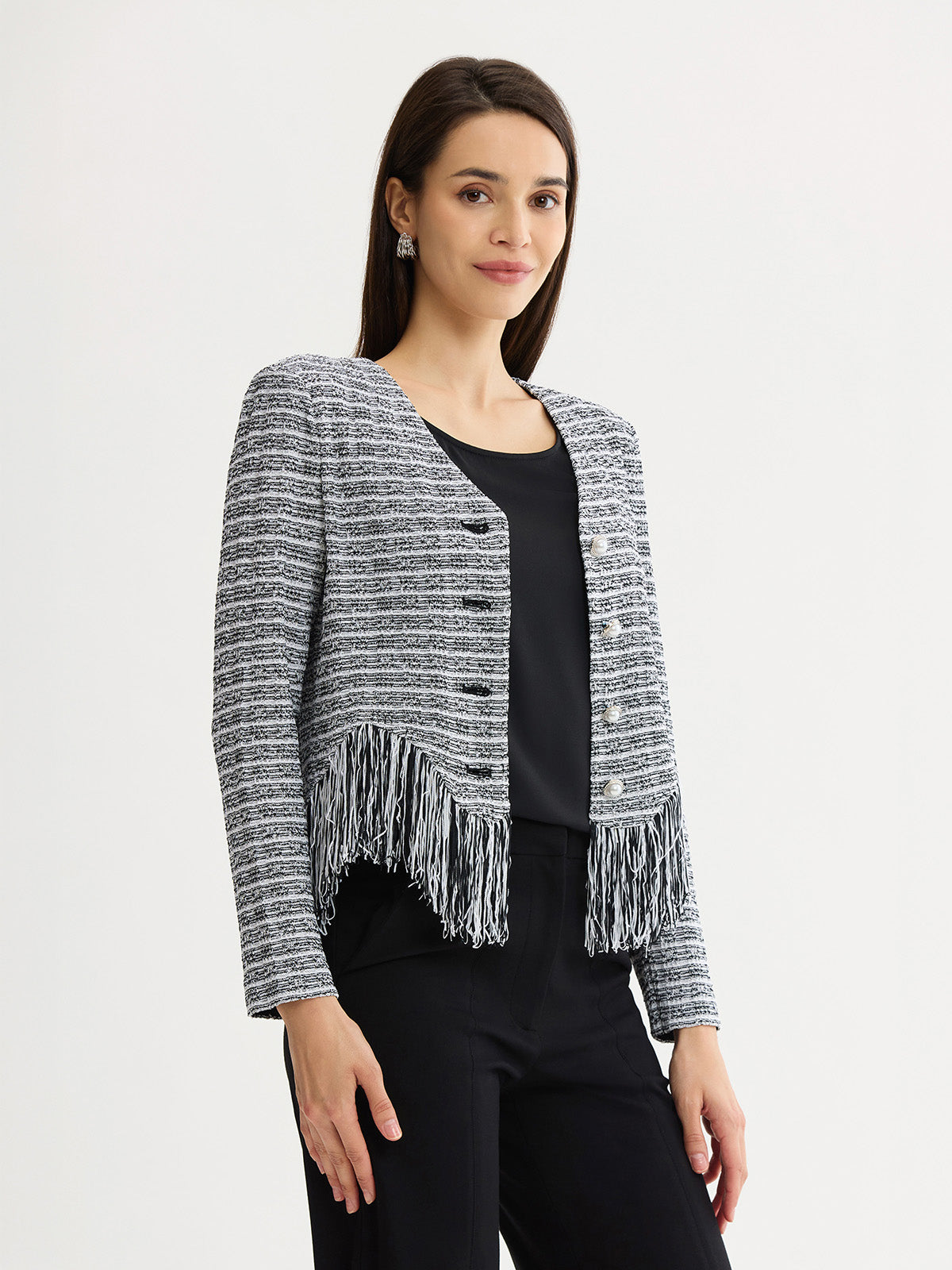 Heritage Chevron Fringe Trim Tweed Knit Jacket